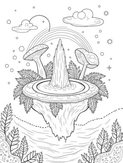 Floating Island with Crystal Fountain and Magical Mushrooms