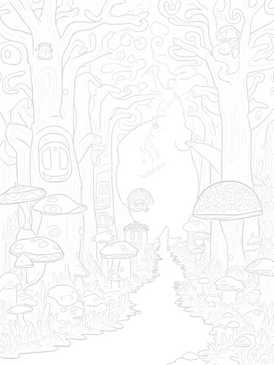 Whimsical Forest Clearing with Gruffalo and Giant Mushrooms