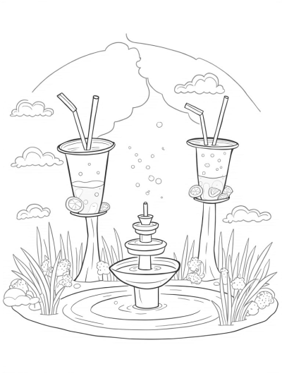 Boba Tea Garden with Giant Cup Trees and Pearl Fountain