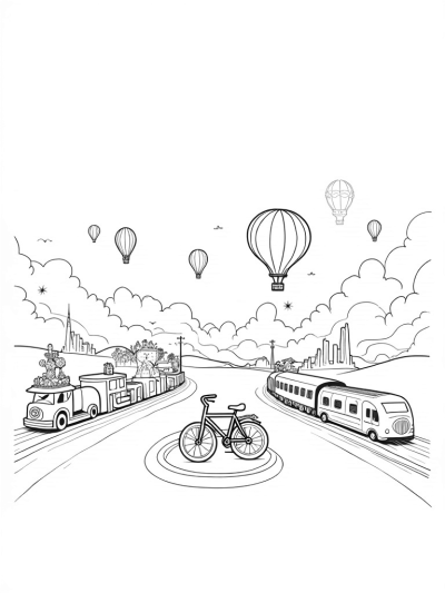 Vibrant Cityscape with Hot Air Balloons and Vintage Cars