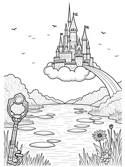 Floating Cloud Castle with Rainbow Bridge