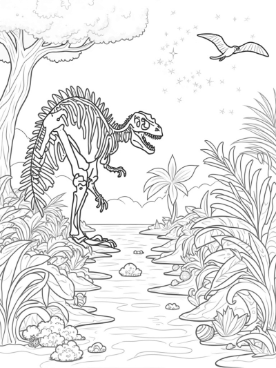 Dinosaur Skeleton in a Lush Jungle