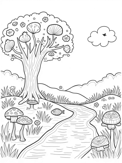 Giant Tree with Animal Silhouettes in a Colorful Forest Clearing