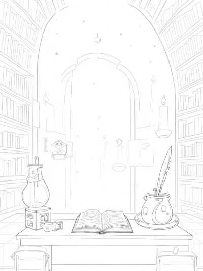 Magical Library with Floating Candles and Spellbooks