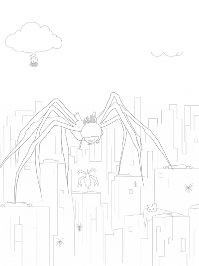 Twilight City Skyline with Spider-Shaped Structures