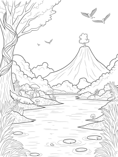 Prehistoric Jungle with Dinosaurs and Pterodactyls