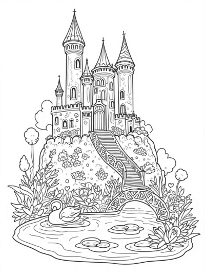 Enchanted Castle with Spiraled Towers and Serene Pond
