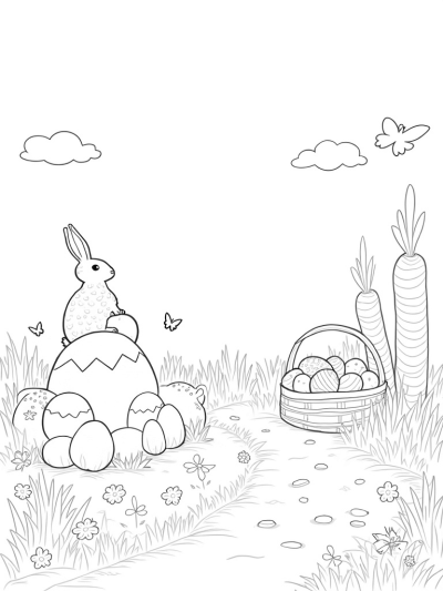 Whimsical Garden with Bunny Statue and Colorful Eggs