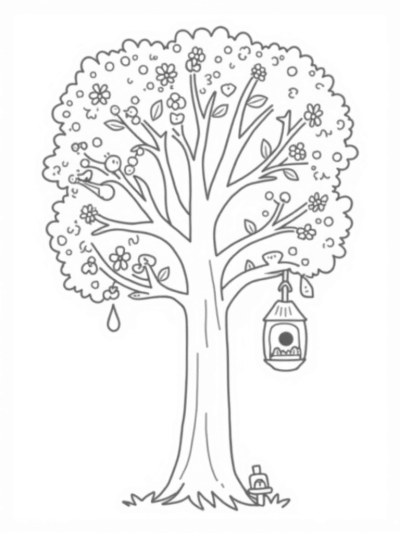 Four Seasons Tree with Spring Flowers, Summer Fruits, Autumn Leaves, and Winter Snowflakes