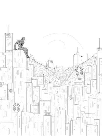 Spider and Cityscape with Comic Panels