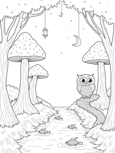 Giant Mushrooms and Whimsical Owls in a Forest Glade