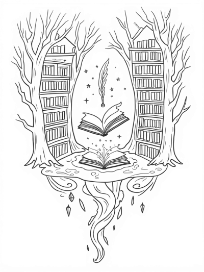 Floating Magical Library with Enchanted Books and Creatures