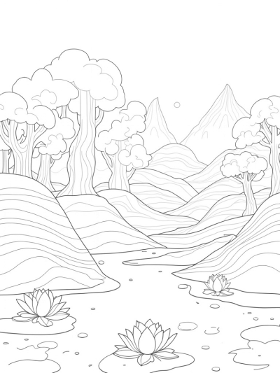 A Fabric Wonderland with Hills and Lotus Flowers