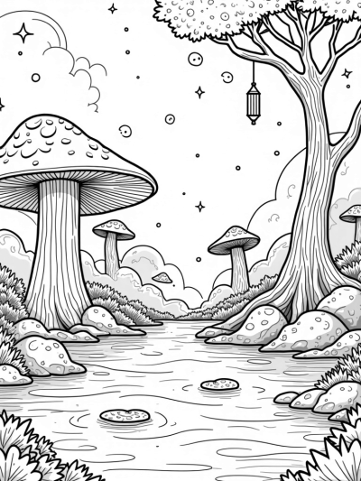 Mushroom Forest with Glowing Lanterns and a Reflective Pond