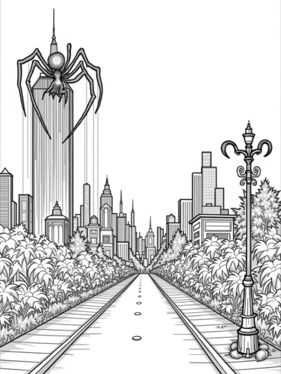 Twilight Urban Skyline with Spider Silhouette