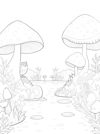 Curious Owl and Playful Fox in a Mushroom Forest
