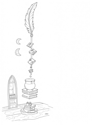 Floating Library with Magical Spellbooks and Creatures