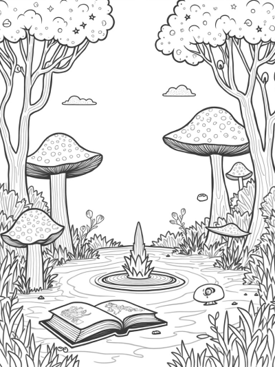 Enchanted Forest Clearing with Giant Mushrooms and a Crystal Fountain