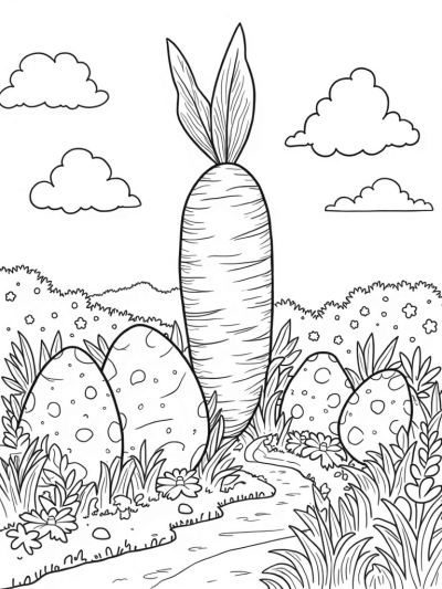 Lush Garden with Colorful Eggs and a Spiral Carrot Tower