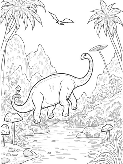 Brontosaurus and Pterodactyl in a Prehistoric Jungle