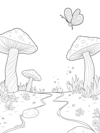 Oversized Mushrooms and a Twisted Tree in a Forest Clearing