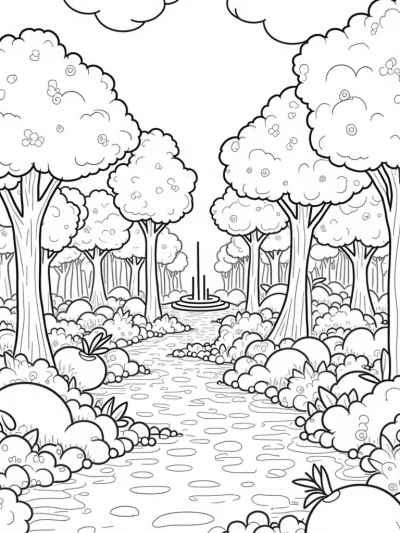 Boba Tea Garden with Giant Fruit Trees and Tapioca Pathways