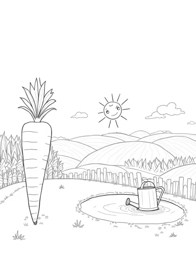 Tranquil Farm Landscape with Giant Carrot and Watering Can