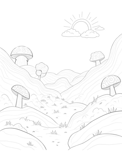 Giant Wave Landscape with Floral Hills and Whimsical Clouds