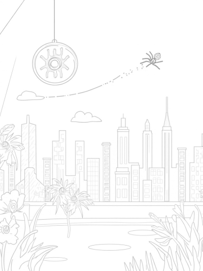 Urban Skyline with Spider-Shaped Clock and Rooftop Garden