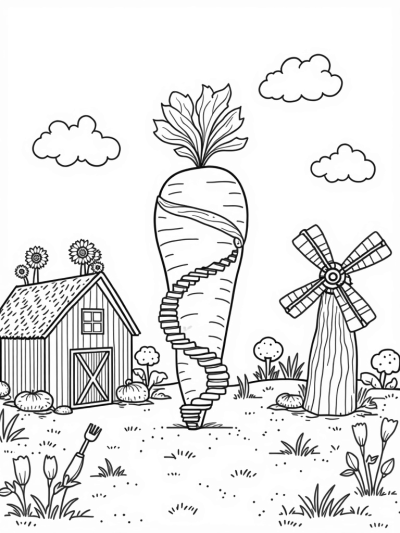 Giant Carrot with a Spiral Staircase in a Farmyard Landscape