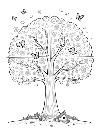 Four Seasons Tree with Blossoms, Squirrels, Leaves, and Snowflakes