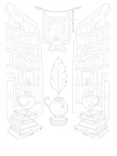 Magical Library with Spellbooks and Quills