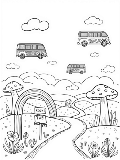 Floating Buses Above a Whimsical Landscape