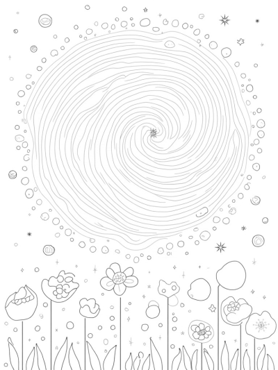 Cosmic Whirlpool with Colorful Circles and Flowers