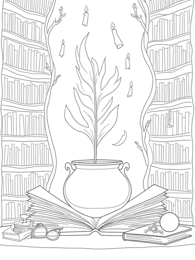 Magical Library with Floating Candles and Spellbooks