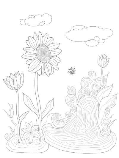 Giant Sunflower and Spiral Tulips in a Whimsical Garden