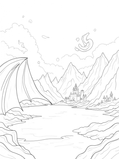 Majestic Mountain Range with Dragon Wings and Castle