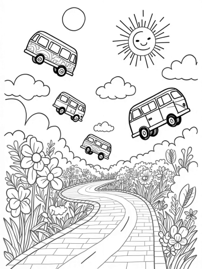 Floating Buses in a Colorful Cityscape