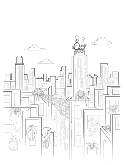 Urban Skyline with Giant Spider and Twisted Skyscrapers
