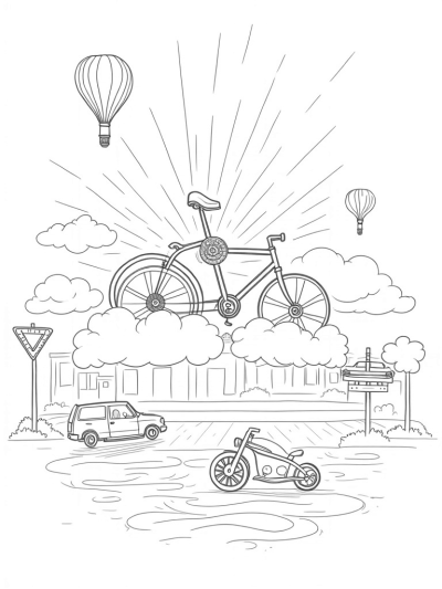 Floating Vintage Cars and Giant Bicycles in a Whimsical Cityscape