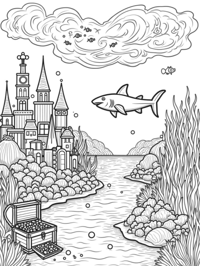 Underwater City with Coral Buildings and a Friendly Shark