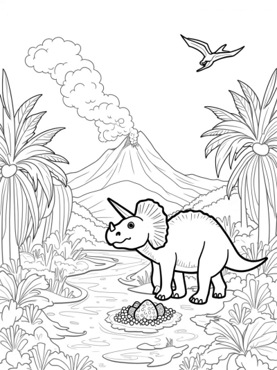 Triceratops Protecting Its Eggs in a Prehistoric Jungle