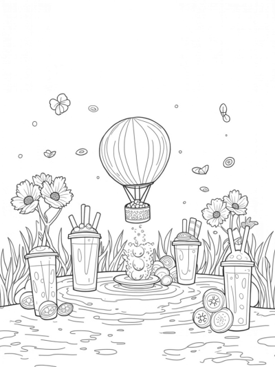 Boba Tea Garden with Giant Cups and Floating Fruits