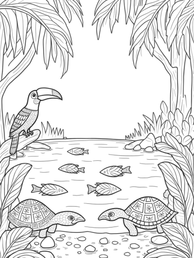 Tortoise and Tropical Friends by the Pond