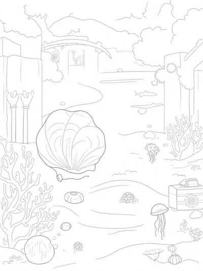 Underwater Ruins with Sharks and Colorful Fish