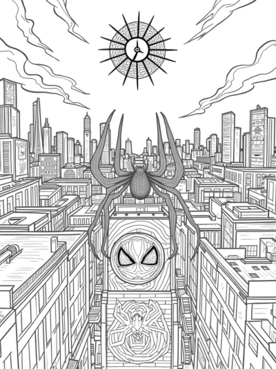 Urban Skyline with Spider Webs and a Giant Clock