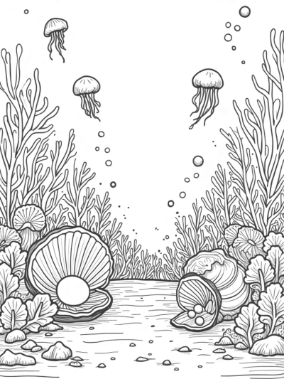 Underwater Garden with Spiraling Seashells and Jellyfish