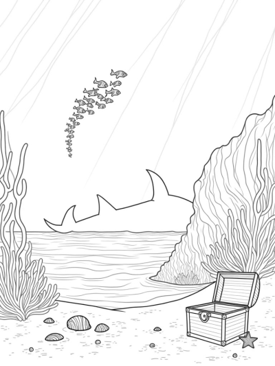 Giant Shark-Shaped Coral Reef with Colorful Sea Life