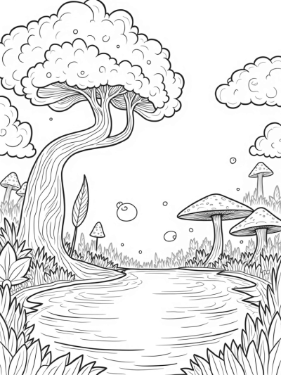 Oversized Mushrooms and a Spiraling Tree in a Forest Clearing