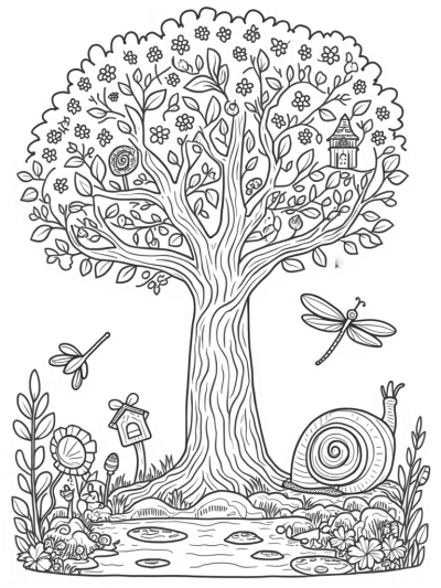 Colossal Tree with Whimsical Birdhouses and a Giant Snail
